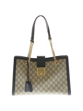 Gucci GG Supreme Padlock 2-Way Chain Shoulder Bag Beige Black Gold
